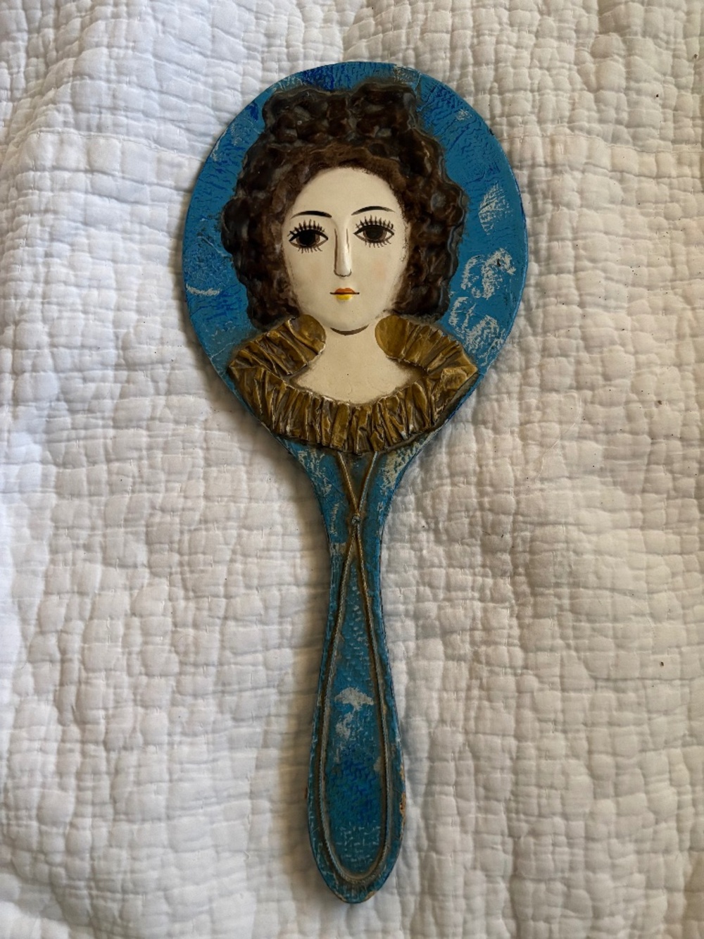 Vintage 1960’s Handmade Papier-Mâché Lady Head Hand Held Vanity Mirror